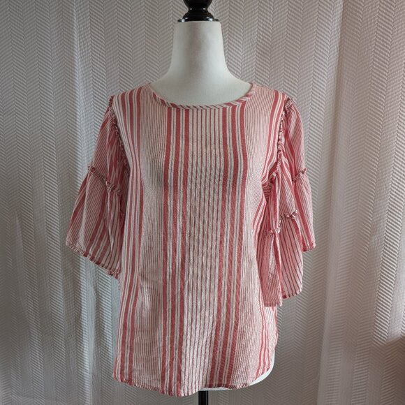 H&M Red White Stripe Ruffle Bell Sleeve Blouse Boho Size 6 - Picture 1 of 11